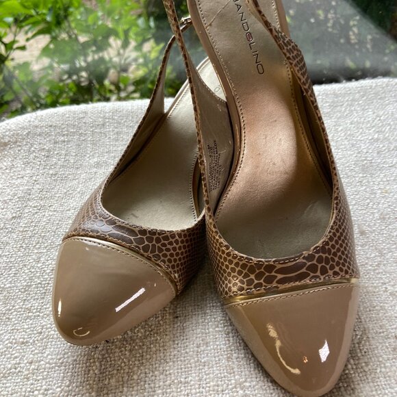 Bandolino Shoes - Bandolino nude taupe vegan patent leather and snake skin open back heels, S 8.5